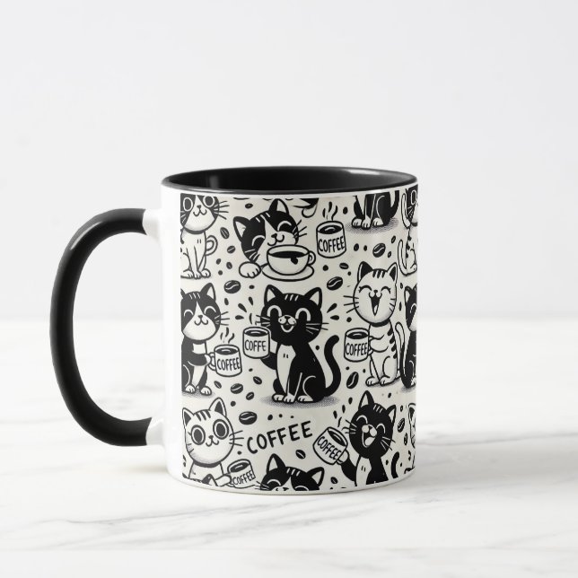 Funny Black and White Cat Drinking Coffee Mug (Left)