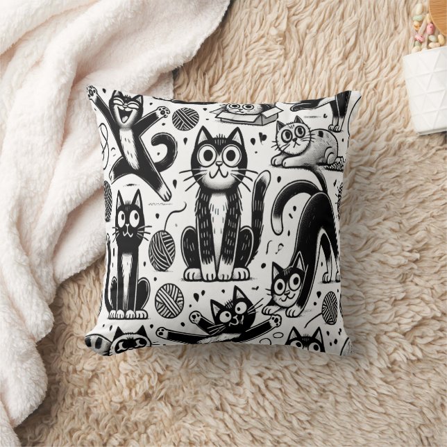 Funny Black and White Cat Pattern Decorative Pillo Throw Pillow (Blanket)