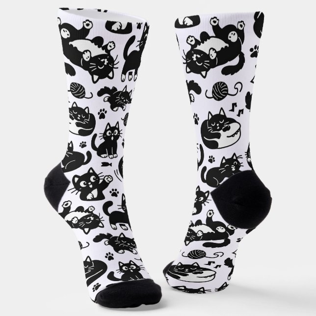 Funny Black and White Cats Pattern Socks (Angled)