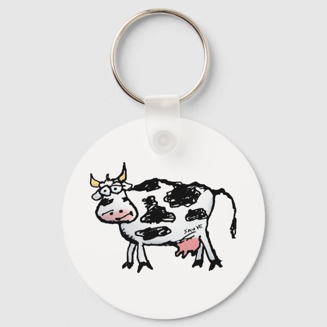 Funny Black and White Cow Cartoon Keychain (Front)