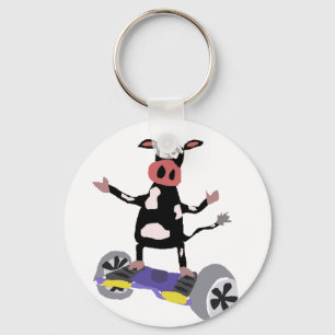 Funny Black and White Cow on Hoverboard Keychain