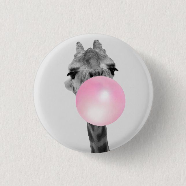 Funny Black and White Giraffe with Bubble Gum 1 Inch Round Button (Front)