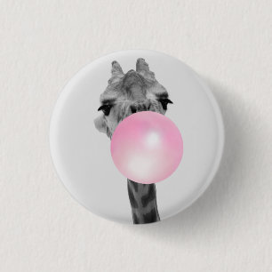 Funny Black and White Giraffe with Bubble Gum 1 Inch Round Button