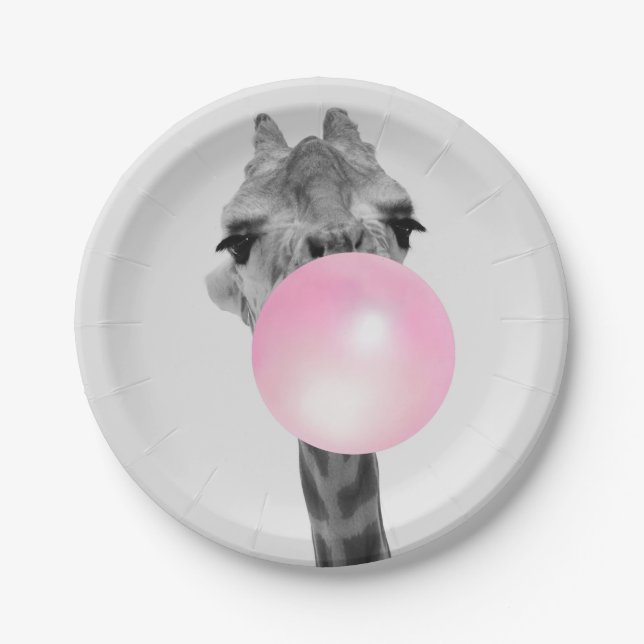 Funny Black and White Giraffe with Bubble Gum Paper Plate (Front)