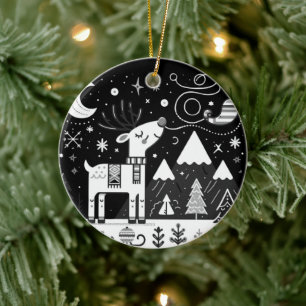 Funny Black and White Reindeer Pattern Ceramic Ornament