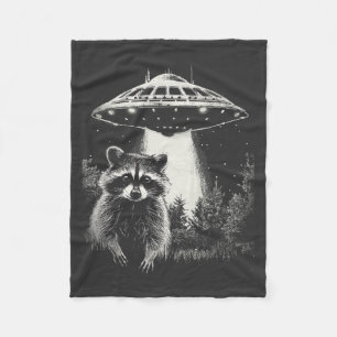 Funny Black and White Space Raccoon UFO  Fleece Blanket