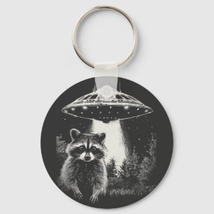 Funny Black and White Space Raccoon UFO  Keychain