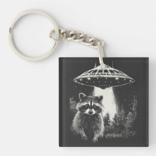 Funny Black and White Space Raccoon UFO  Keychain