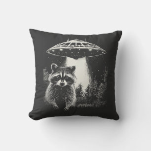 Funny Black and White Space Raccoon UFO Throw Pillow