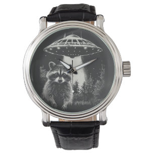 Funny Black and White Space Raccoon UFO  Watch