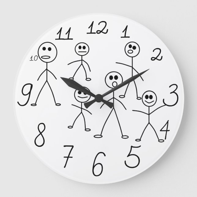 Funny Black and White Stick Man Design Large Clock (Front)