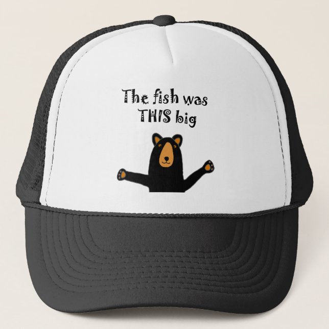 Funny Black Bear Telling Fish Story Trucker Hat (Front)