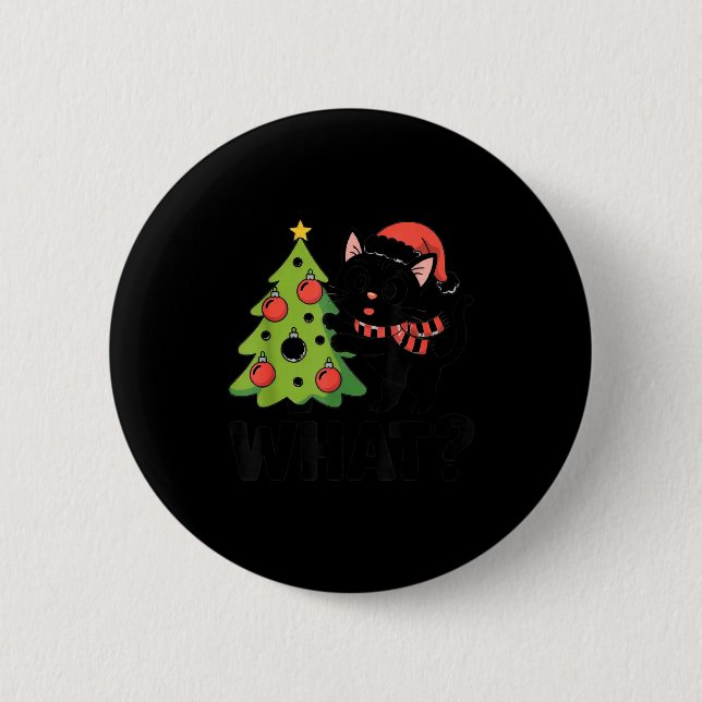 Funny Black Ca Pushing Christmas Tree Over Cat Wha 2 Inch Round Button (Front)