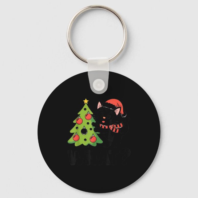Funny Black Ca Pushing Christmas Tree Over Cat Wha Keychain (Front)