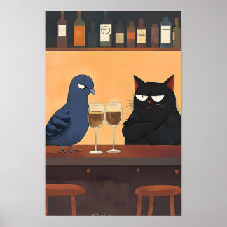 Funny Black Cat and Bird Poster