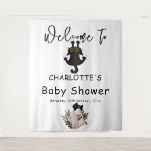 Funny Black Cat and Book Baby Shower Backdrop Tapestry