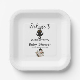 Funny Black Cat and Book Baby Shower Paper Plate