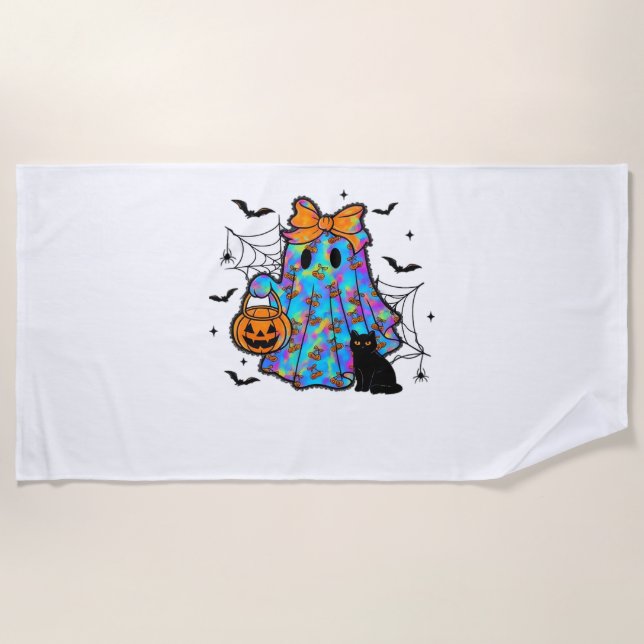 Funny Black Cat and Ghost Halloween Essential T-Sh Beach Towel (Front)