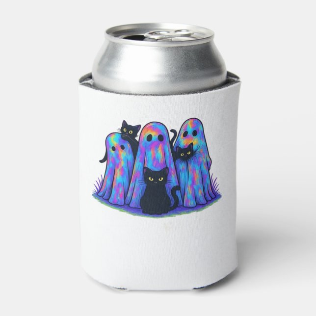 Funny Black Cat and Ghost Halloween Essential T-Sh Can Cooler (Can Front)