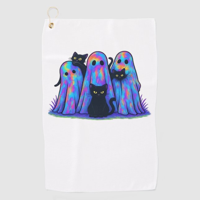 Funny Black Cat and Ghost Halloween Essential T-Sh Golf Towel (Front)