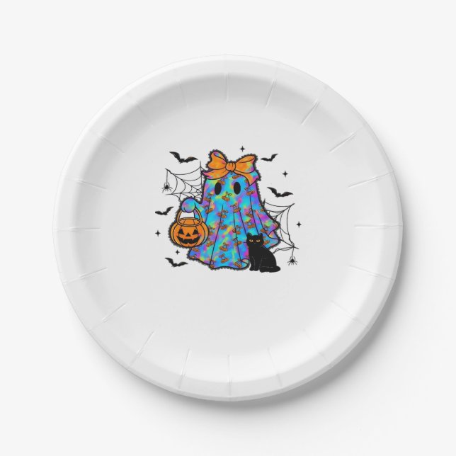Funny Black Cat and Ghost Halloween Essential T-Sh Paper Plate (Front)