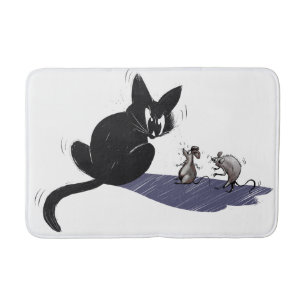 Funny Black Cat and Scared Mice Cartoon Bath Mat