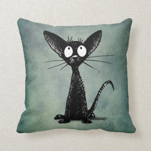 Funny Black Cat Art on a Vintage Blue Green Throw Pillow