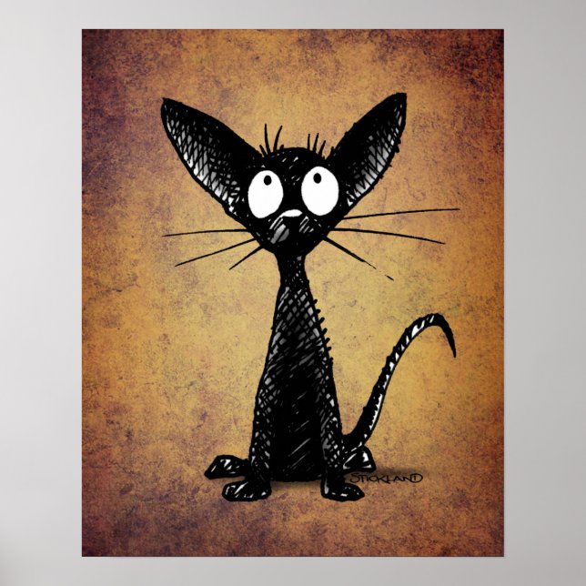 Funny Black Cat Art on Vintage Background Poster (Front)