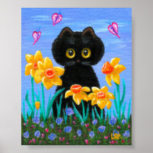 Funny Black Cat Art Spring Daffodils Creationarts