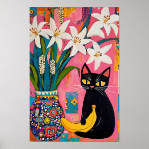 Funny Black cat Banana and Flower Vase  Poster