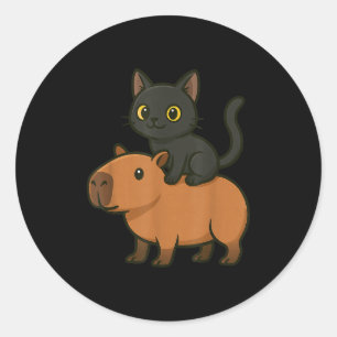 Funny Black Cat Capybara Animal Lover Mom Dad Kids Classic Round Sticker