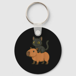 Funny Black Cat Capybara Animal Lover Mom Dad Kids Keychain