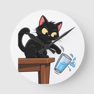 Funny Black Cat Cartoon Sarcastic Humour Round Clock