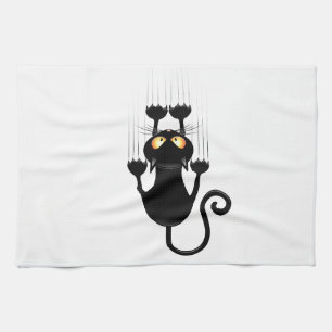 Funny Black Cat Cartoon Scratching Wall Kitchen Towel