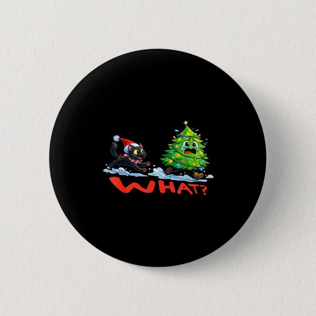 Funny Black Cat Chasing Christmas Tree Over Cat Wh 2 Inch Round Button (Front)