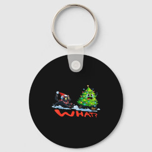 Funny Black Cat Chasing Christmas Tree Over Cat Wh Keychain