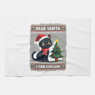 Funny Black Cat Christmas Dear Santa, I Can Explai Kitchen Towel