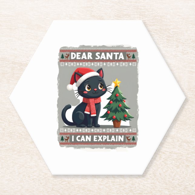 Funny Black Cat Christmas Dear Santa, I Can Explai Paper Coaster (Front)