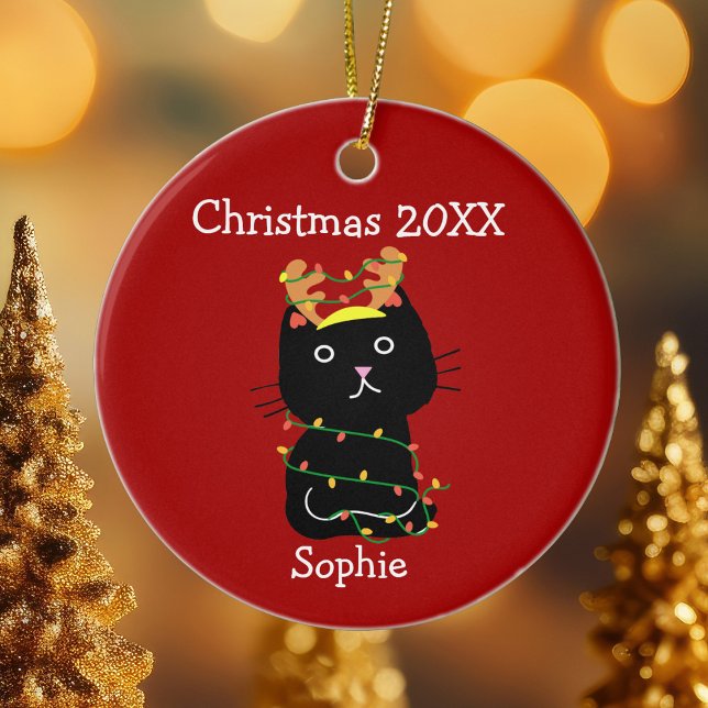 Funny Black Cat Christmas Drawing Monogram Red Ceramic Ornament (Creator Uploaded)