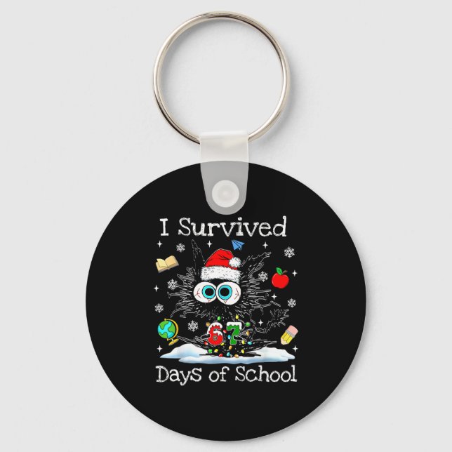 Funny Black Cat Christmas I Survived 67 Days Of Sc Keychain (Front)