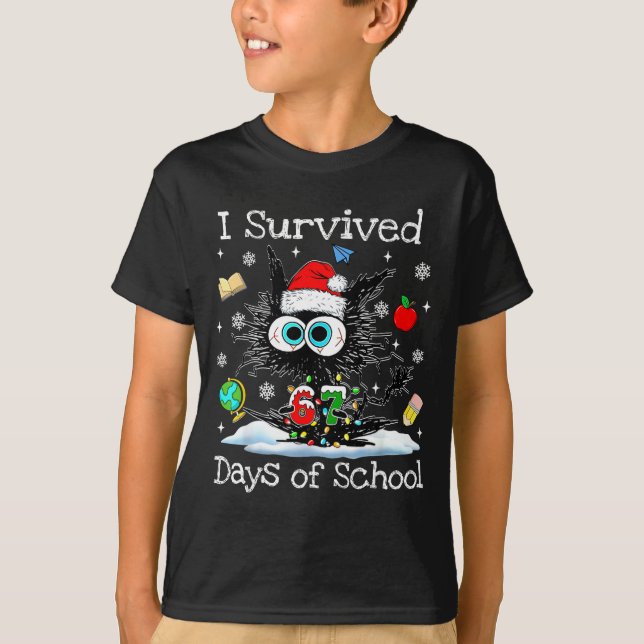 Funny Black Cat Christmas I Survived 67 Days Of Sc T-Shirt (Front)