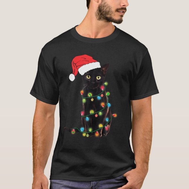 Funny Black Cat Christmas Light Funny Cat Lover Ch T-Shirt (Front)