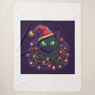 Funny Black Cat Christmas Lights Blanket