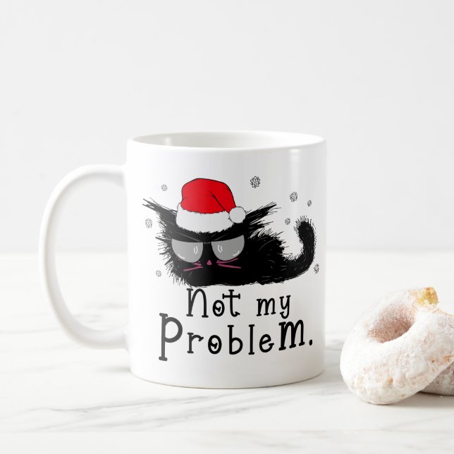 Funny Black Cat Christmas Lights Coffee Mug (With Donut)