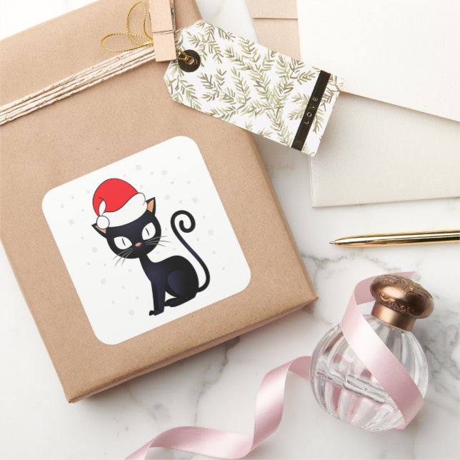 Funny Black Cat Christmas Snowflake Cat Lover Square Sticker (Gifting)