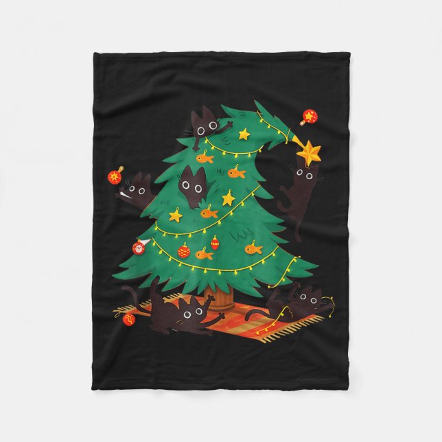 Funny Black Cat Christmas Tree  Fleece Blanket (Front)
