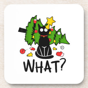 Funny Black Cat Christmas Tree Merry Santa Humor C Coaster