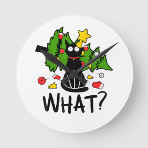 Funny Black Cat Christmas Tree Merry Santa Humor C Round Clock