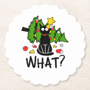 Funny Black Cat Christmas Tree Merry Santa Humour  Paper Coaster