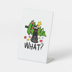 Funny Black Cat Christmas Tree Merry Santa Humour  Pedestal Sign